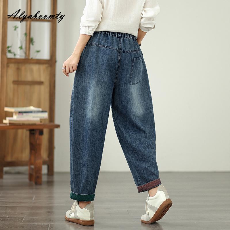 Korejská móda Jaro Podzim Dámské Základní Džíny Vysoký Pas Ležérní Volné Aplikace Patchwork Džínové Kalhoty Retro Nadměrná Velikost Modré Džíny