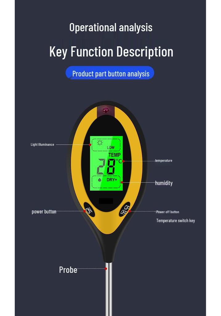 Four-in-One High-Precision Soil Tester: pH, Moisture, Light, and Temperature Meter