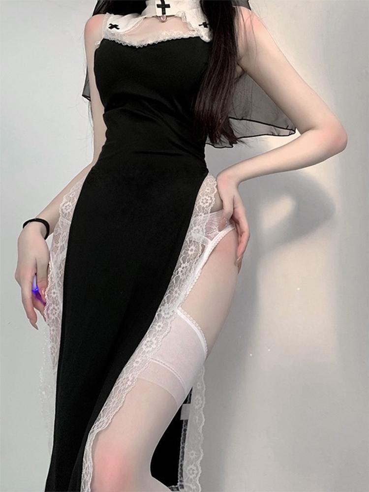 Women Sexy Lingerie Nun Uniform Cosplay Role Play Costumes Halloween Stage Outfit High Neck Flare Sleeve Dress with Headscarf