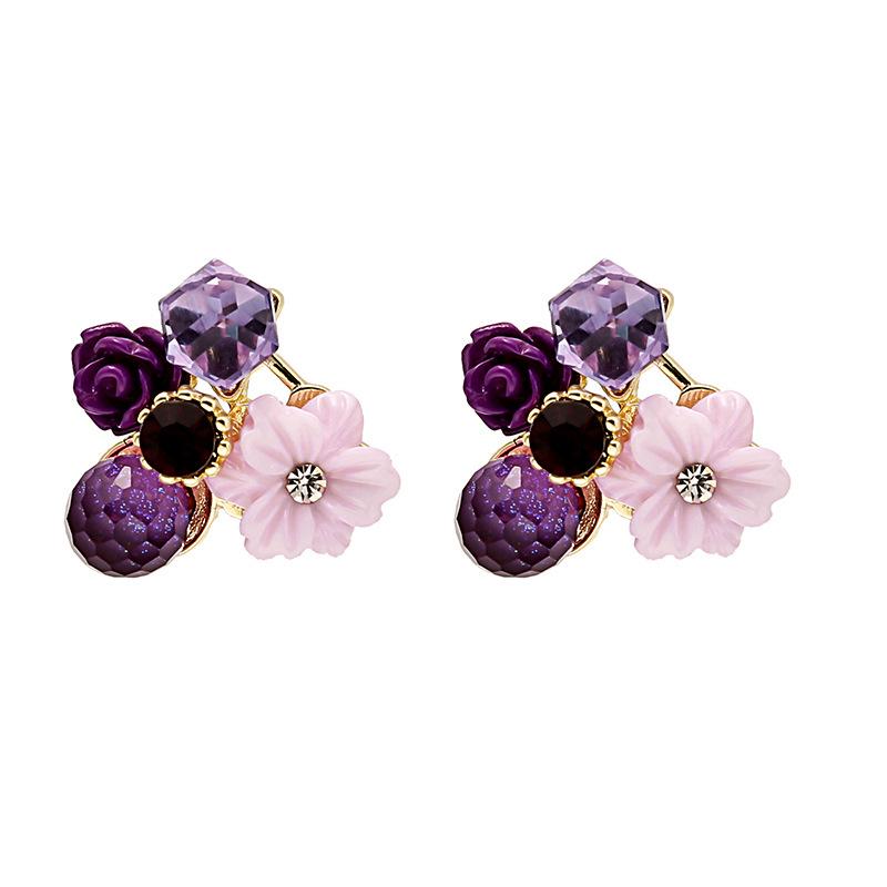 Silver Korean Crystal Flower Earrings with Purple Rhinestones and Cat s Eye Stone