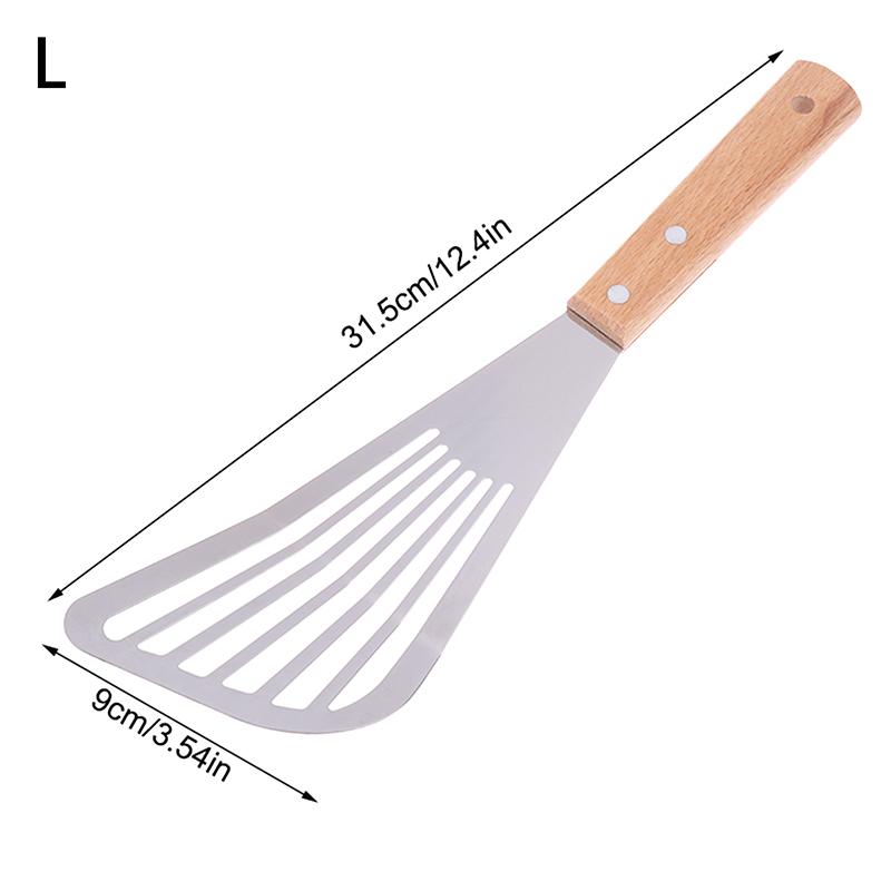 Stainless Steel Slotted Turner Fish Frying Shovel With Wooden Handle Fan-Shaped Shovel Household High-Temperature Frying Shovel