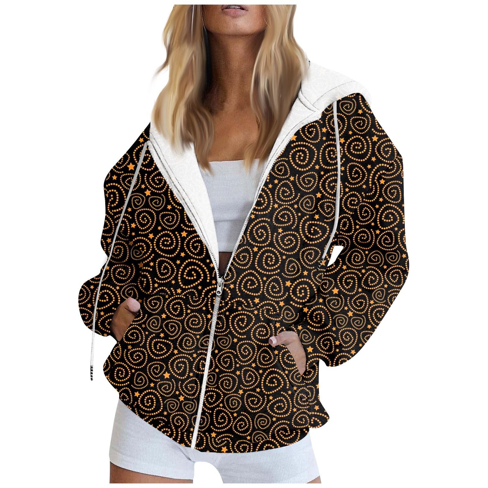 

Women s Long Sleeve Halloween Printed Sweatshirt Long Sleeve Pocket Jacket Zipper Hoodie Coat XXL коричневий