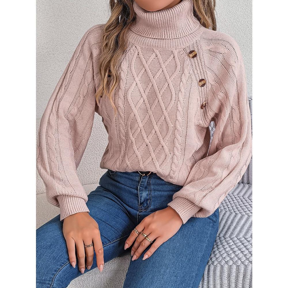 Autumn/Winter Casual Solid-Colour Buttoned Cable-Knit Turtleneck Bell-Sleeve Pullover for Women