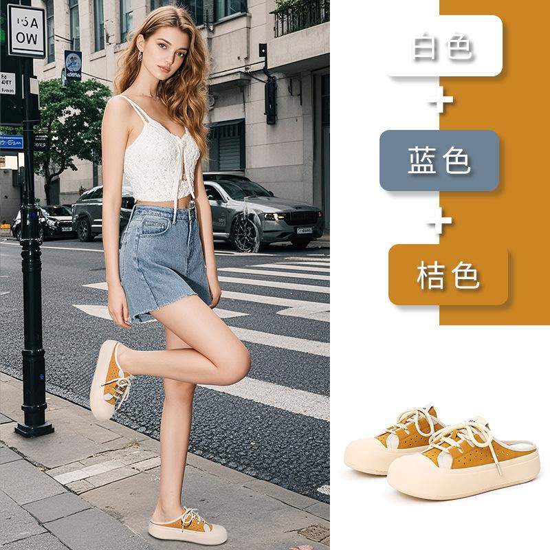 Leather slippers women's 2025 summer new girls wear fashion shoes breathable half slippers retro beach shoes