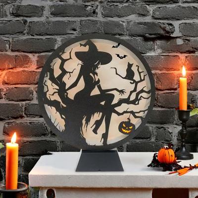Halloween LED Laterne Holz Schreibtischleuchte Hexe Kürbis Spinne Katze Designs Silhouette Ornament Gruselige Tischplatte Heim Party Dekoration