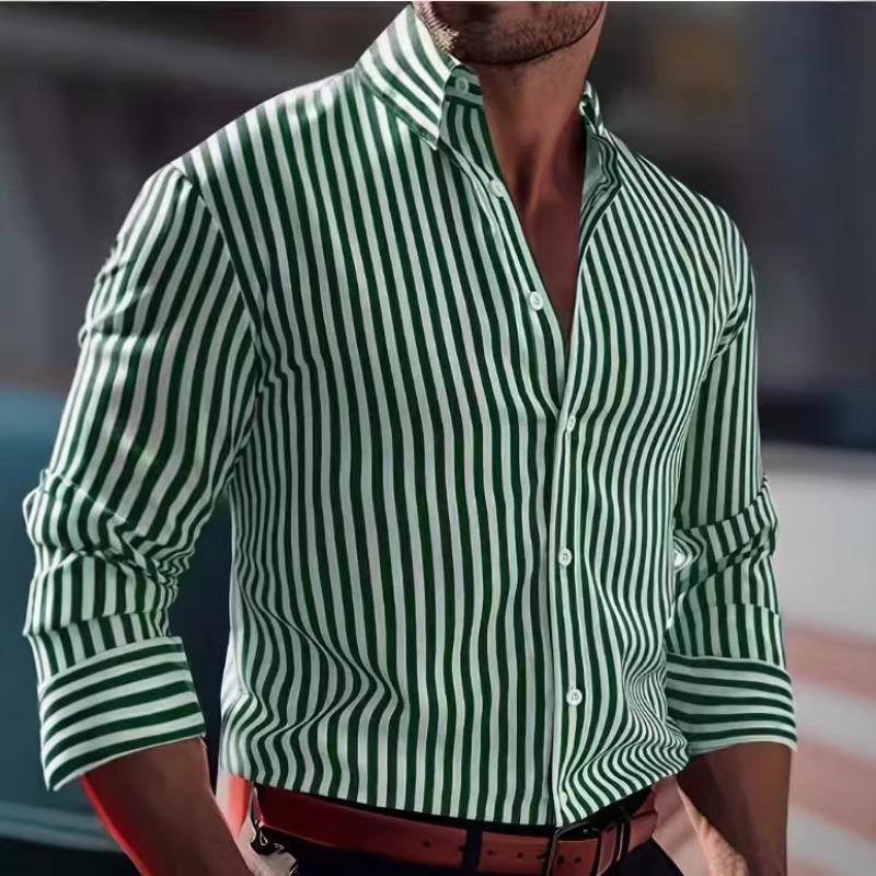 Men Lapel Long Sleeve Shirt Classic Black White Vertical Stripe Slim Fit Button Down Top for Business Daily Casual Wear