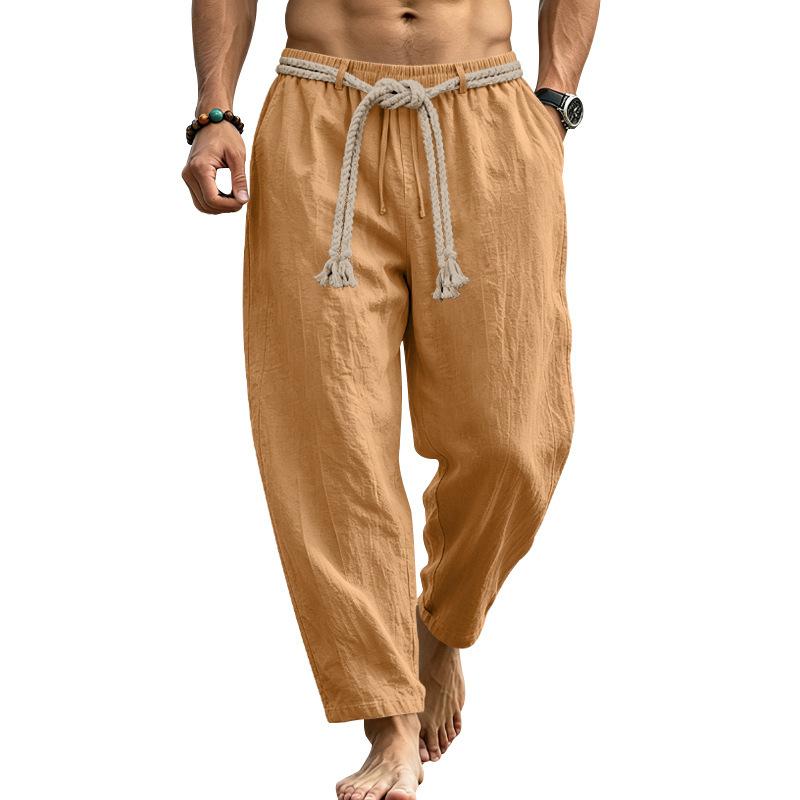 New Men’s Casual Linen Hawaiian-style Holiday and Commuter Trousers: Breathable, Drawstring, Straight-leg, Cotton-linen Blend