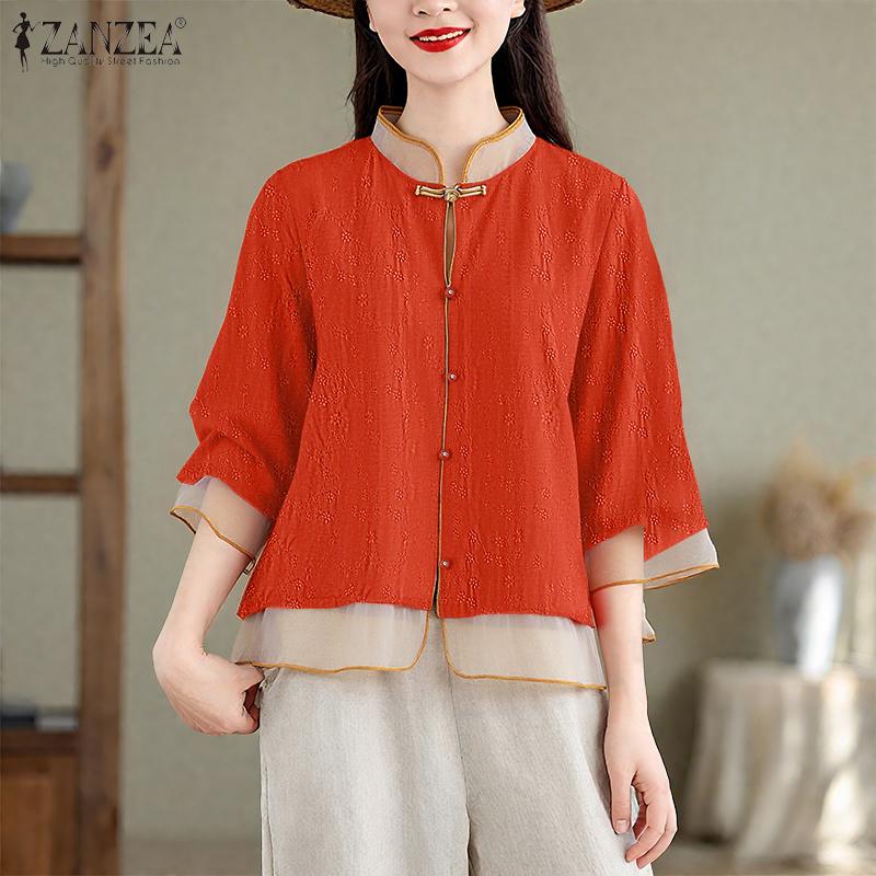 ZANZEA Vintage Damen Kurzarm Knopfleiste Patchwork Ethnische Stickerei Lässige Bluse