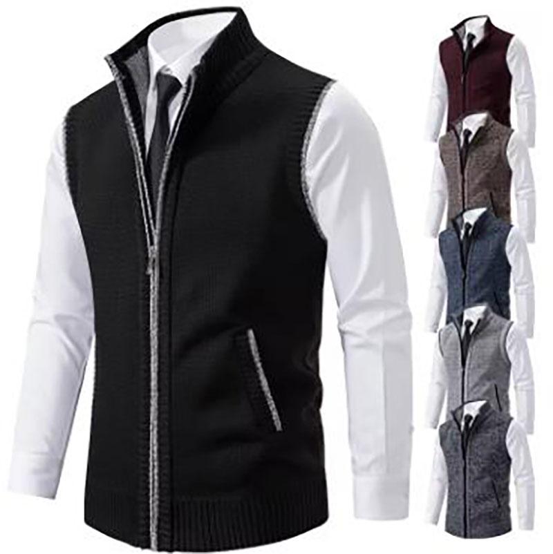 Vest Men's Knitted Sleeveless Sweater Wool Velvet Zipper Cardigan Turn Down Pullovers Turtleneck Sweatercoat Knit Waistcoat