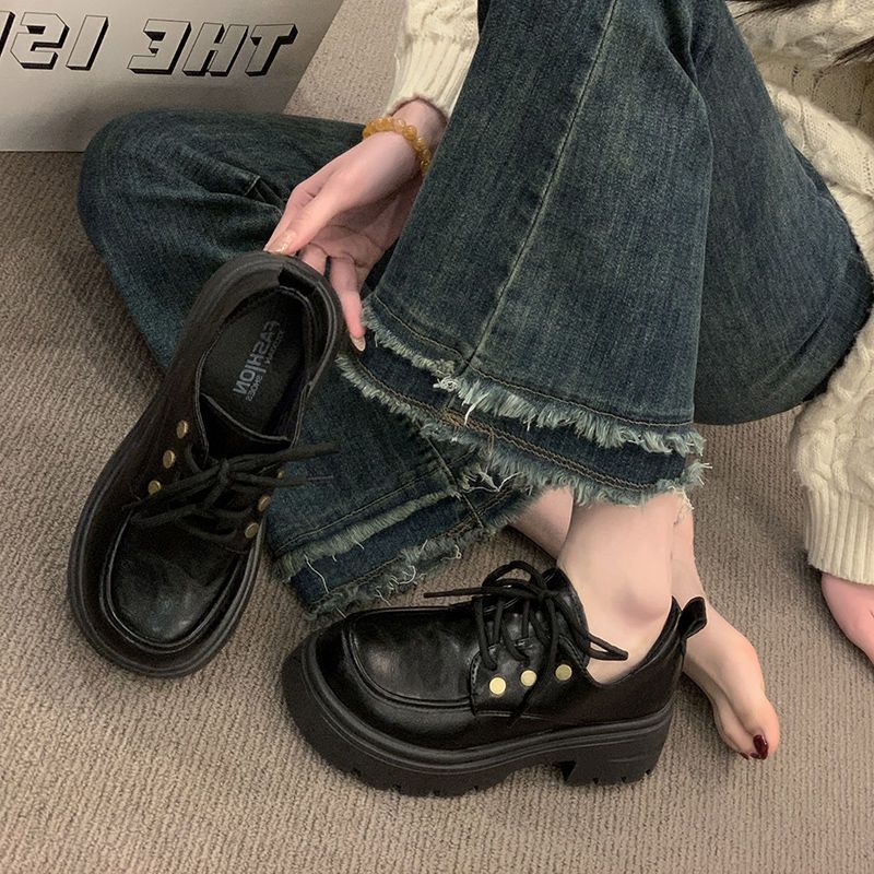 British Platform Heightening Retro Lace-up Single Shoes Brown Round Head College Style Small Leather Shoes Women's 2024 New Autumn and Winter