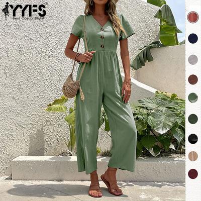 Damenmode, lässig, einfarbig, bedruckt, Sommer, Frühling, Kurzarm, V-Ausschnitt, Hose, Overalls und Strampler
