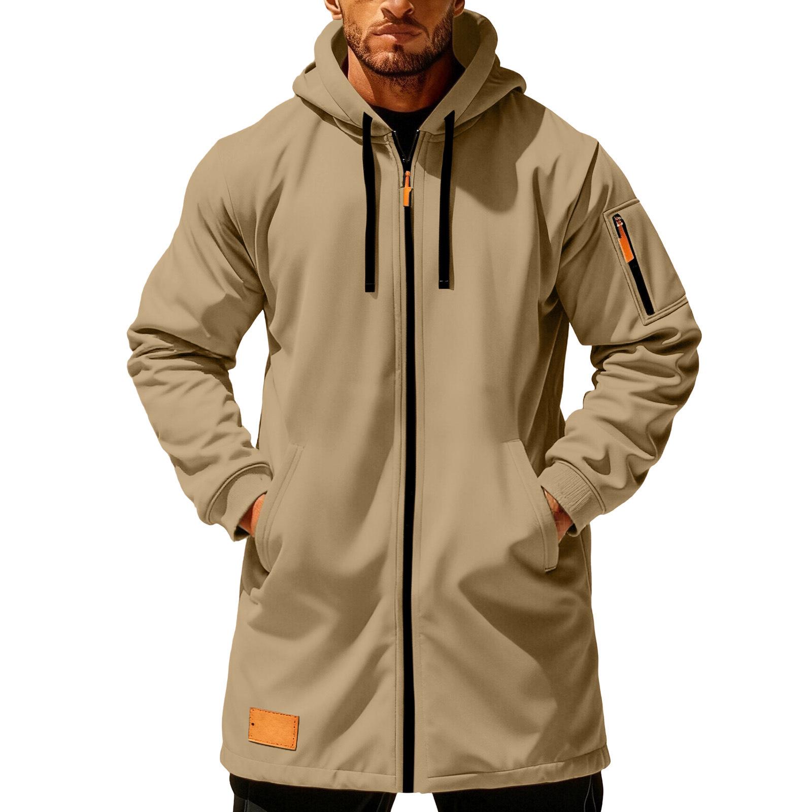 2026 Autumn/Winter Men s Long Hooded Zippered Sweatshirt with Fleece Lining Double Extra Large хаки