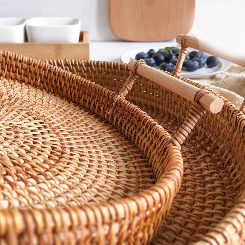 Vietnamese Rattan Handwoven Multi-Functional Storage Basket with Handles and Round Tray Design