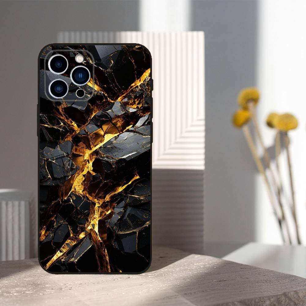 Black Gold Art Marble For iPhone 12,14,13,15,16,11,17,X,Mini,XR,SE,XS,Plus,Pro,Max,8,7,Soft Silicone Black Case