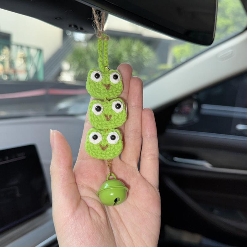 1pcCute Frog Car Hanging Decoration Handwoven3Green Frog Bell Bag Pendant Car Rearview Mirror Hanging Ornament