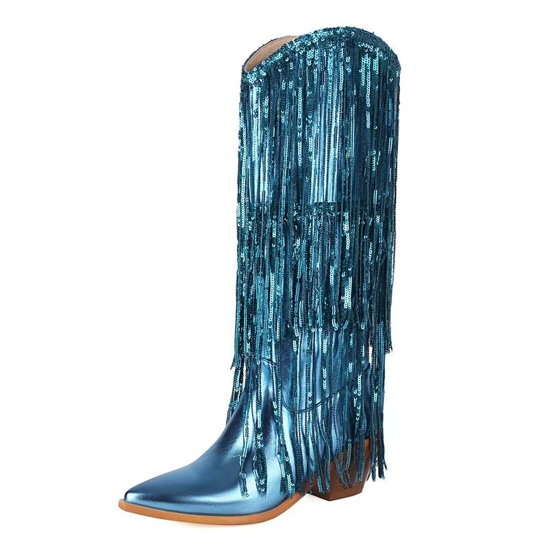 Glitter Gold Knee High Boots Women Block Heels Metallic Blue Rosy Bling Fringe Party Show Lady Western Cowgirl Sequin Long Boots