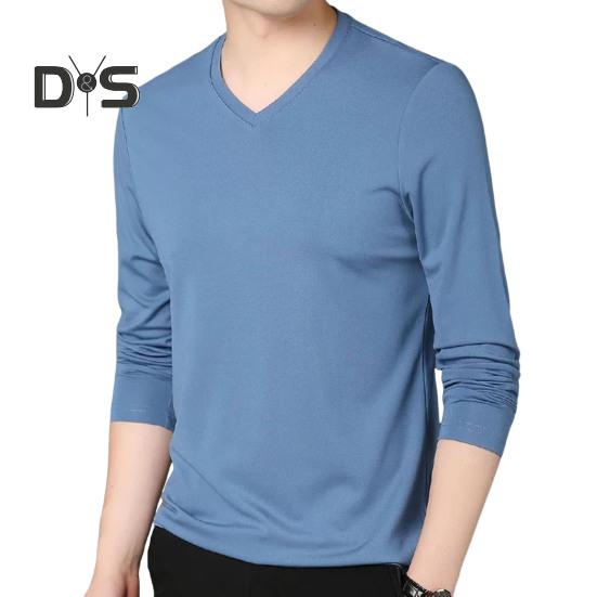 Men Fall Spring Top V Neck Long Sleeves Pure Color Slim Fit Thin Pullover T-shirt Daily Wear Sport Homewear Clothes
