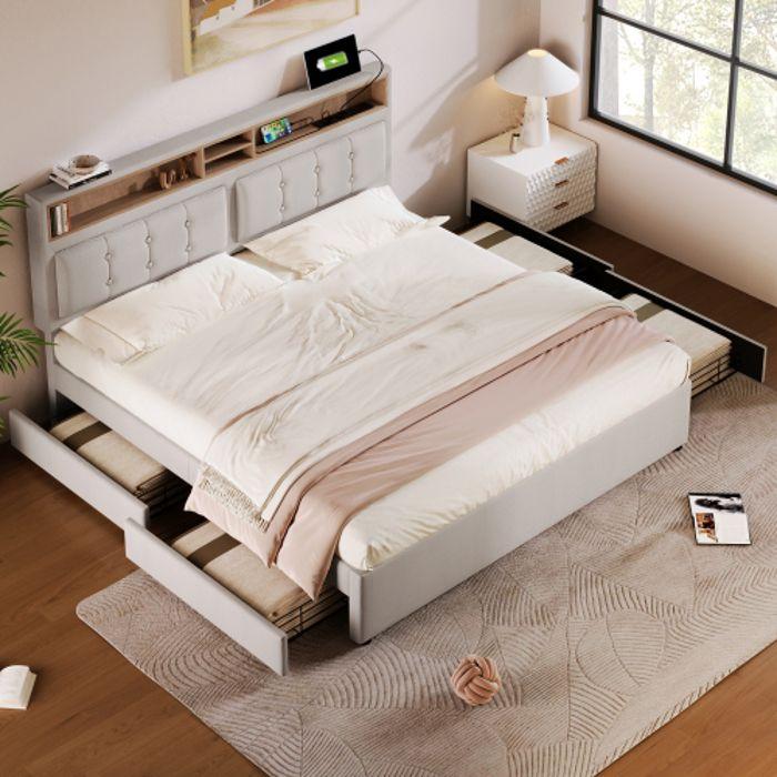 Lit avec 4 tiroirs - MUVOE - 160x200cm - Tête de lit réglable - Prise USB intégrée - Matelas inclus