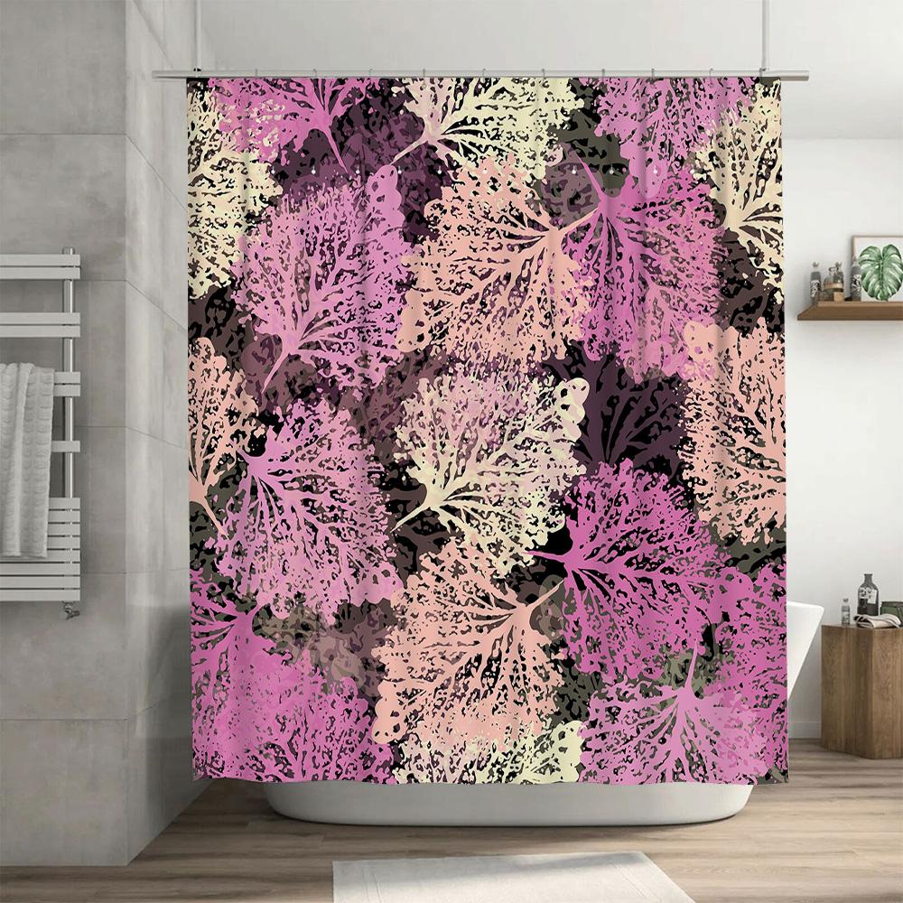 Modern Floral Shower Curtain Pink White Leaves Pattern for Bathroom Decor