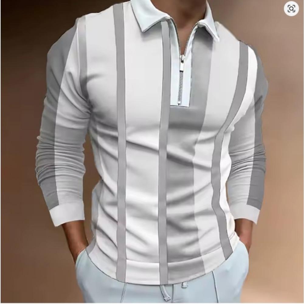 Men's 3D Stripe Printed Zipper Polo Shirt Long Sleeve Spring and Autumn Wear Trendy Brand Three-dimensional Pattern Casual Top
