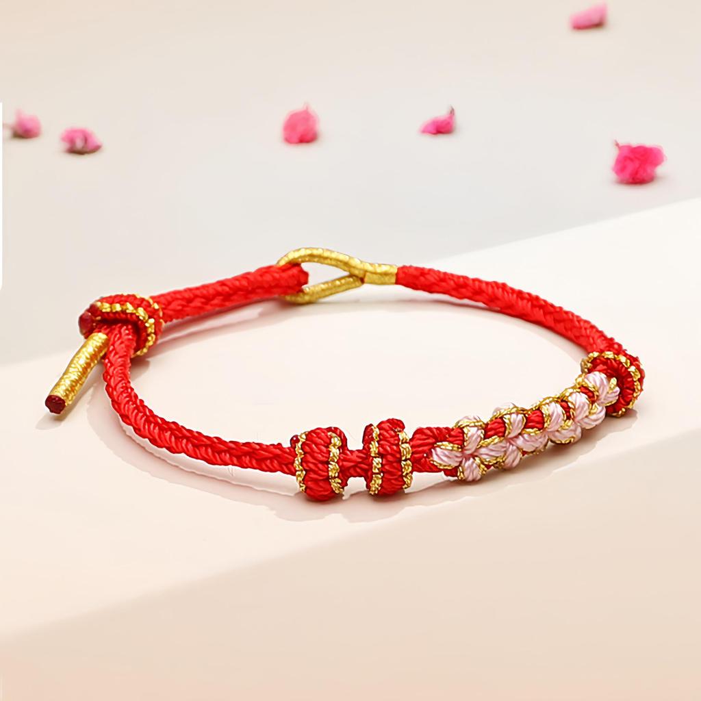Handmade Peach Blossom & Lily of the Valley Knot Zodiac Bracelet – Red Rope for Men & Women, Bead-String DIY Semi-Finished.