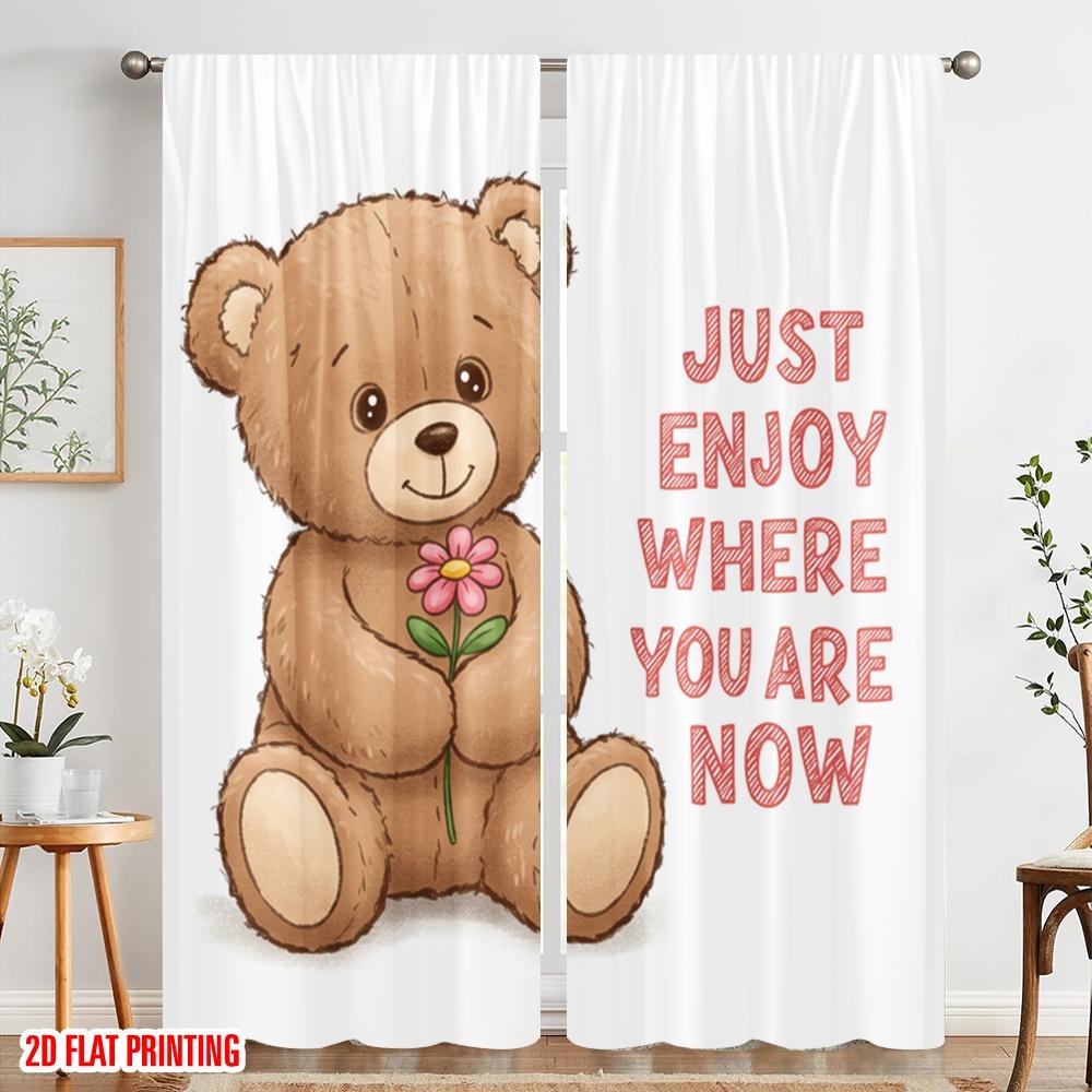 2pcs 2D Flat Printing Drapes Teddy Bear Flower Enjoy Polyester Without Electricity All Season Party & Holiday Decor Use for