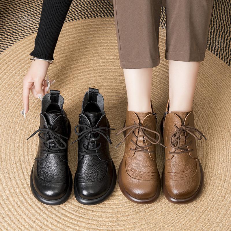 Fashion GKTINOO Women Autumn Boots Cowhide Ankle Boots 2025 Winter Retro Casual Genuine Leather Mother Boots Fur Keep Warm Low Heel 41
