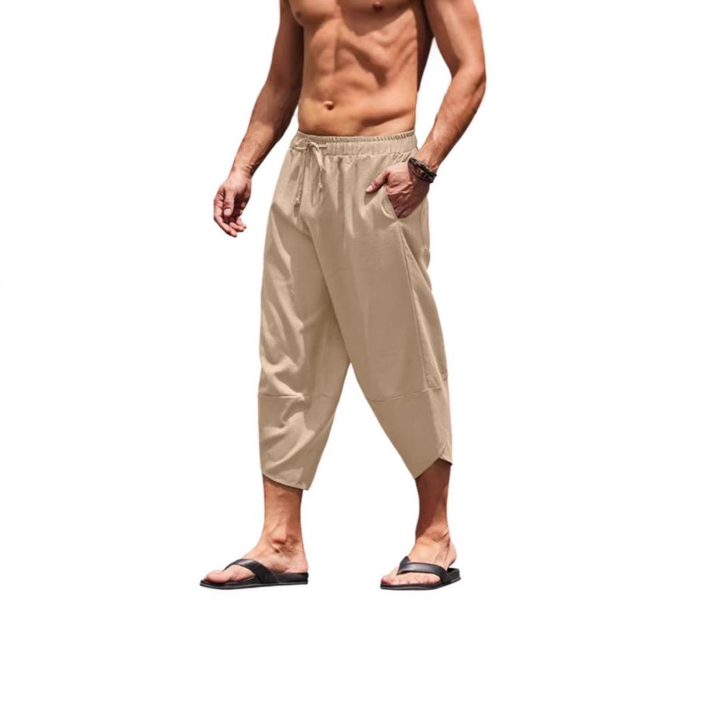 Чоловічі літні суцільні кольорові капрі шаровари чоловічі еластичні талії шнурок 3/4 довжина укорочені штани мішкуваті спортивні штани