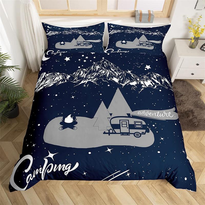 Camping Bettbezug Mikrofaser Galaxie Sterne Mond Happy Camping Bettdeckenbezug Camper Truck Geometrie Berg Bäume Bettwäscheset