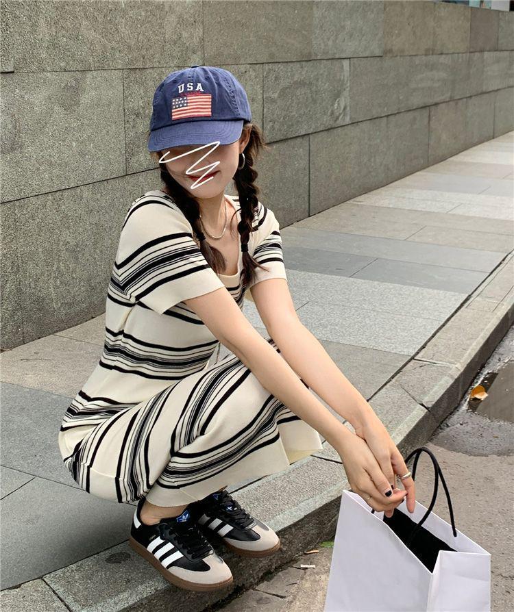 Striped Casual Knitted Dress - Women's Summer 2025, Loose Slimming Mid-Length, Short-Sleeve Lazy Style