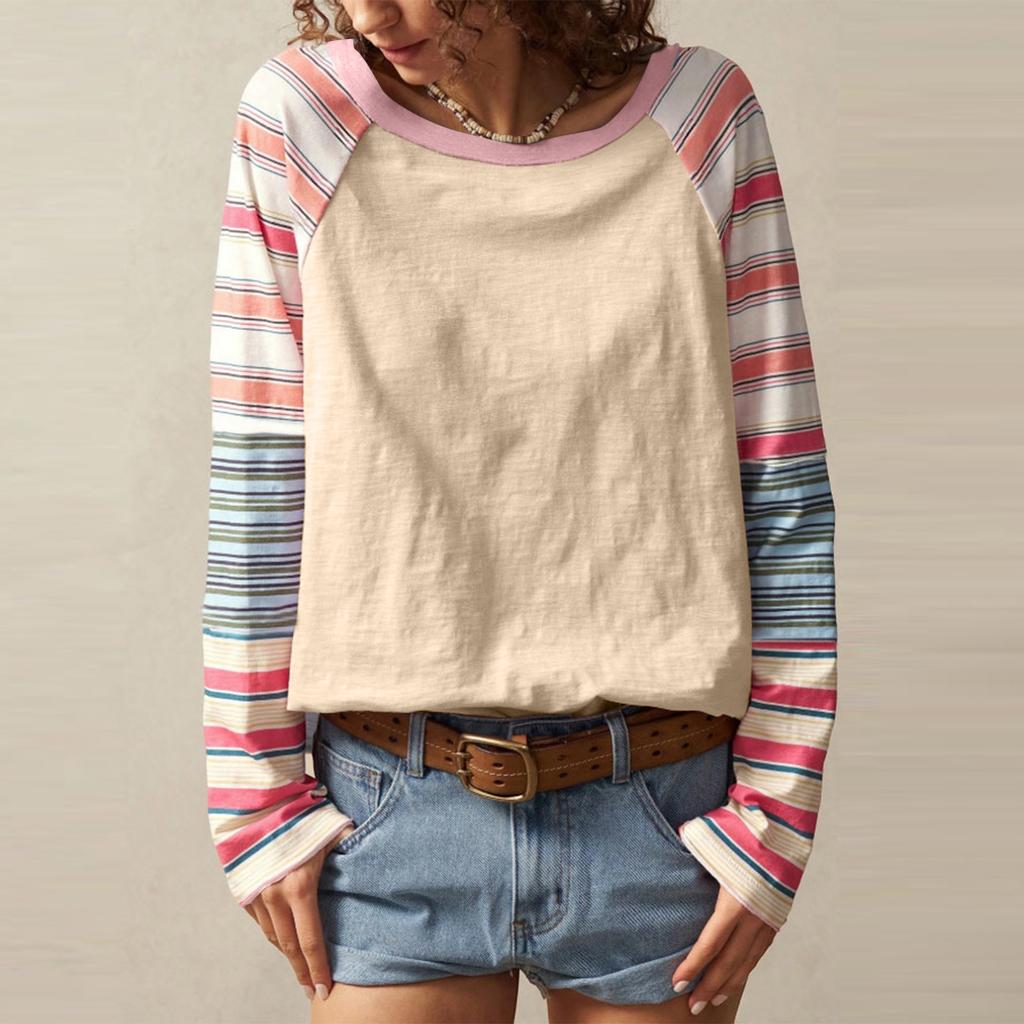 Modisches und elegantes Damen-Top mit Rundhalsausschnitt und langen Ärmeln, gestreift in verschiedenen Farben.