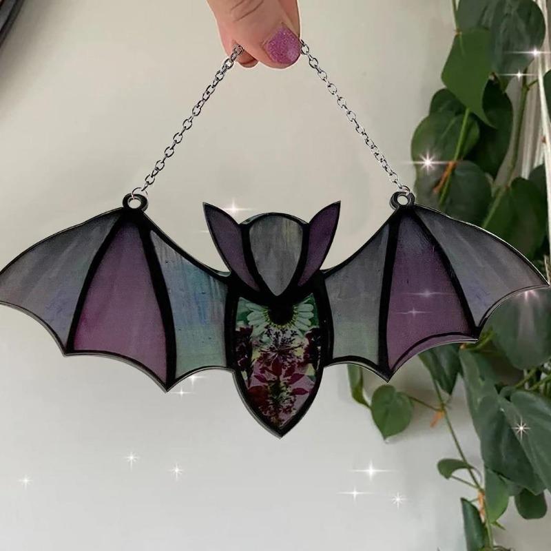 1PC Bat Stained Glass Suncatcher Window Hanging Acrylic Wall Art Decoration Party Festival Colorful Bat House Arrangement Props