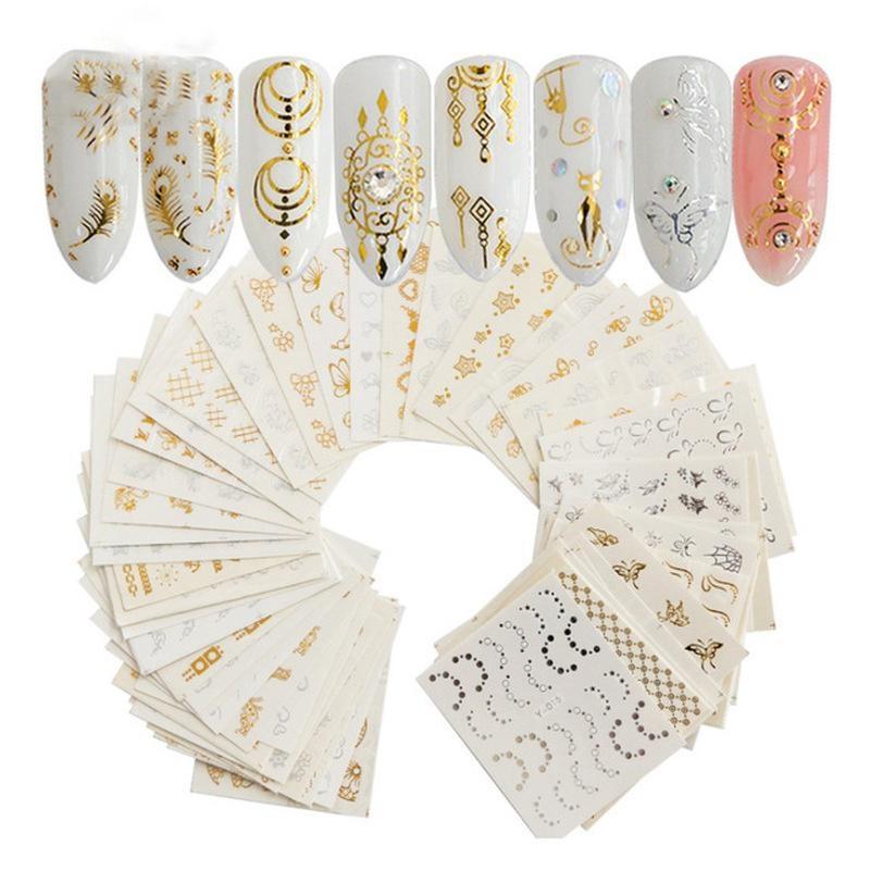 30 Sheets/set Fashion Gold Silver Color Nail Sticker Water Transfer Beauty Flower Spider Feather Design Nail Decoration