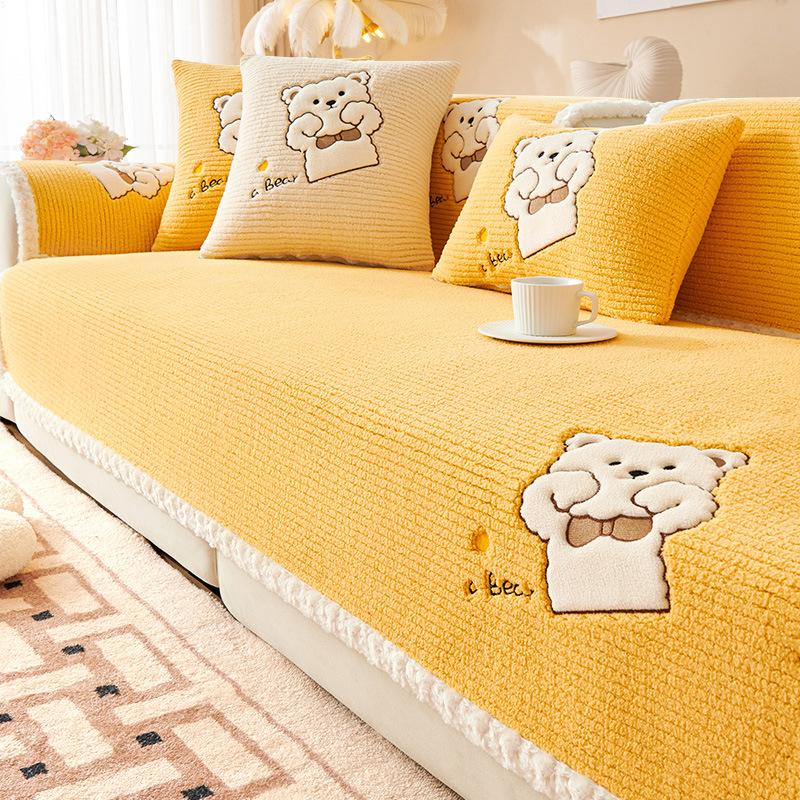 Lamb Plush Cartoon Sofa Cushion Winter Thickened Warm Cushion Non-Slip Universal Living Room Sofa Cover Armrest Backrest Towels