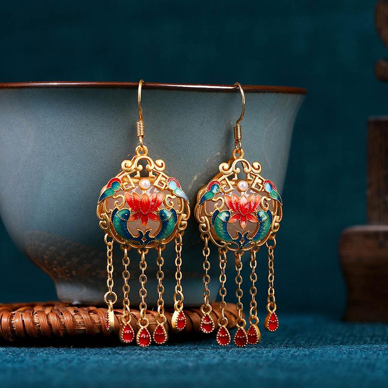 Chinese Palace Style Enamel Fish Earrings with 925 Sterling Silver, Colored Glaze, Imitation Hetian Jade Tassels