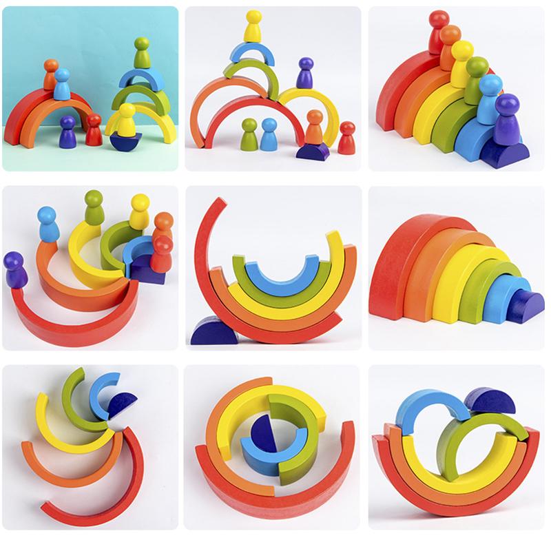 Wooden Toys DIY Assembled House Rainbow Building Blocks Set Children Montessori Early Learning Stacked Balance Educational Toys