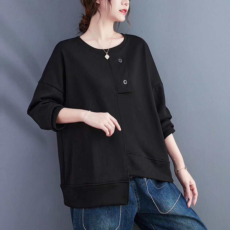 Autumn/Winter 2023 Women's Cotton Loose Fit Round Neck Pullover with Slit Hem, Plus Size Long Sleeve Casual Sweatshirt