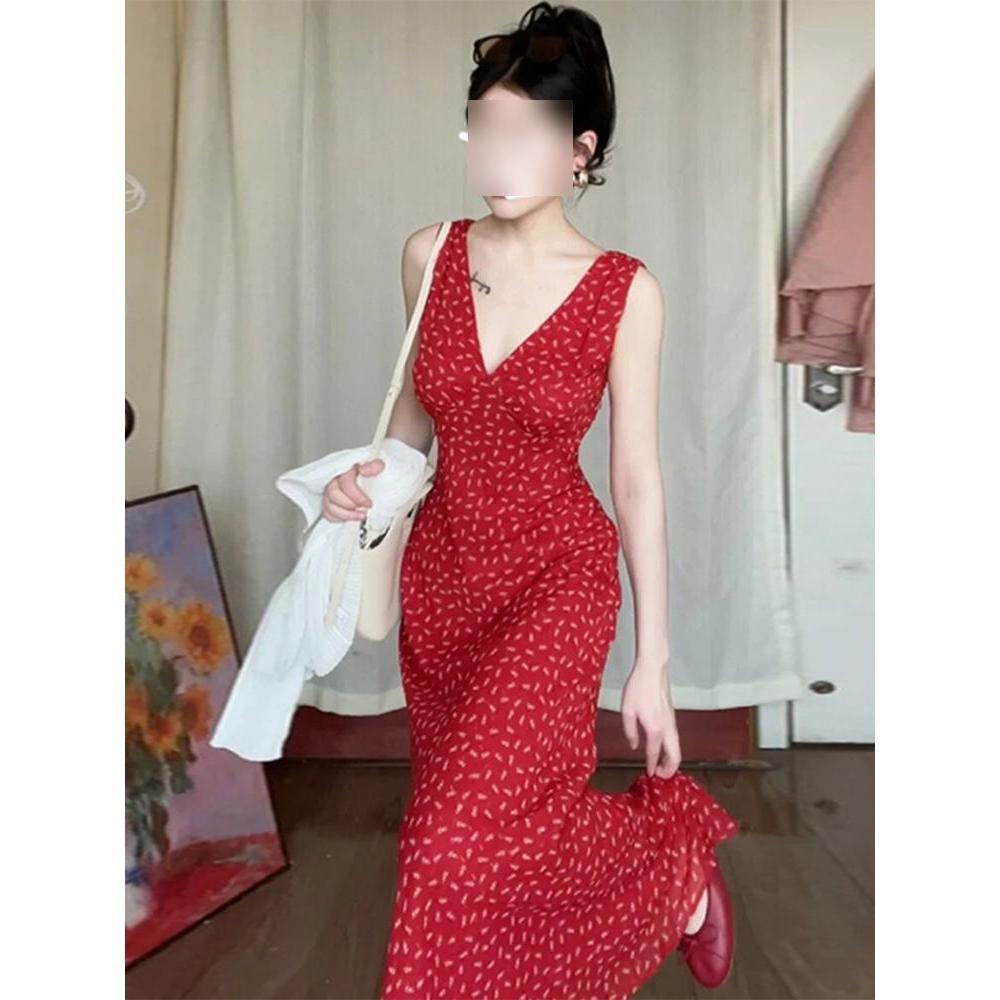 Early spring French red suspender floral dress children's summer casual women's new waist temperament sleeveless long dress