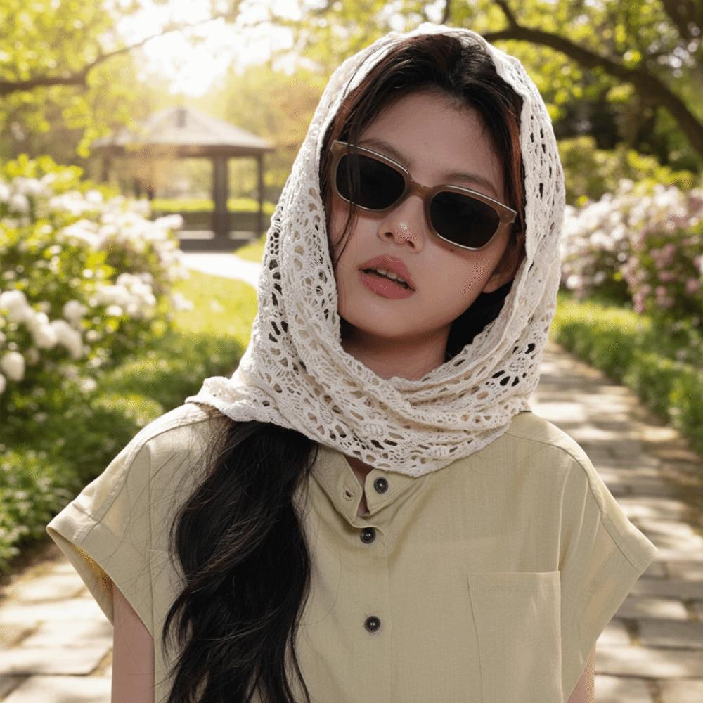 White Knitted Triangle Scarf Ethnic Style Crochet Flower Scarves Hollow Out Lace Shawl  Summer
