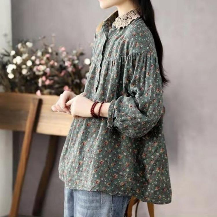 Vintage Floral Print Cotton Linen Blouse for Women Asian Size Long Sleeve Top Casual Lace Patchwork Collar Artistic Autumn Button Shirt