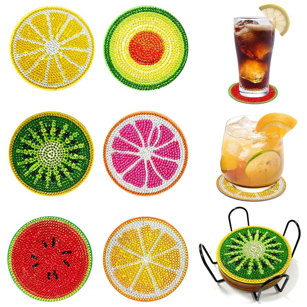 Reofrey Diamond Art Coasters, Round Fruit Shape, 6-Piece Diamond Art Kit with Cork Coasters, DIY Diamond Beads for Beginners and Adults, with Holder,