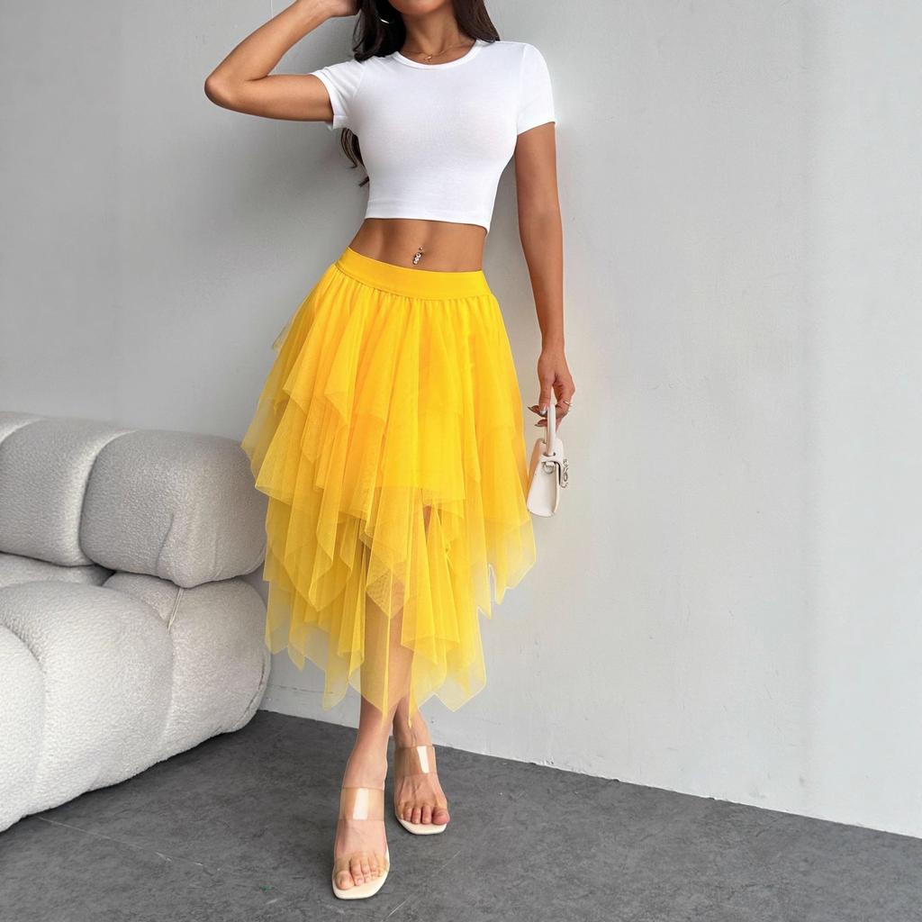 Gonna midi in tulle a vita alta da donna con orlo irregolare, a balze sovrapposte, a rete, linea ad A