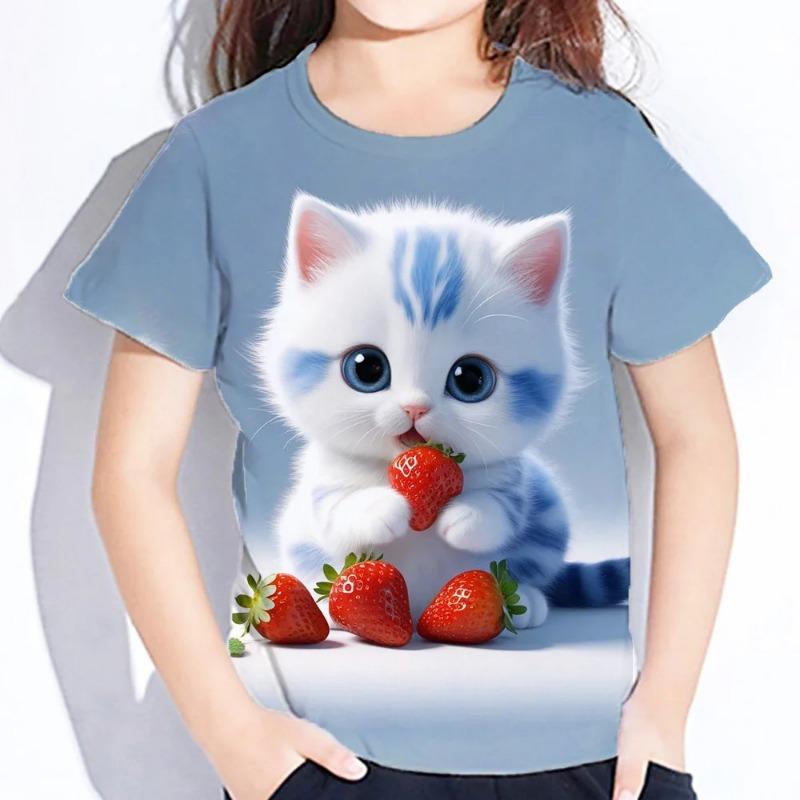 Children's Clothes 3d Print Kawaii Cat Pattern T Shirts Short Sleeve Tops 2026Kids Clothing Girls Boys Clothes 2 To 8 Years