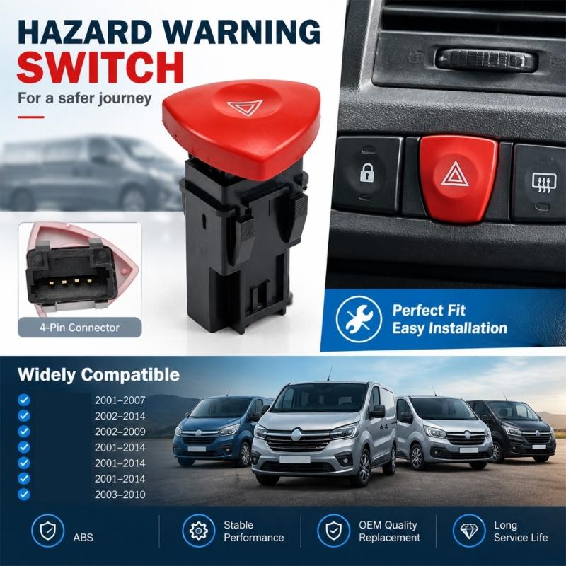 4-Pin Hazard Light Switches for Trafic, Espace and Other Supported Applications, with Red Symbol Face and Reference 8200442724