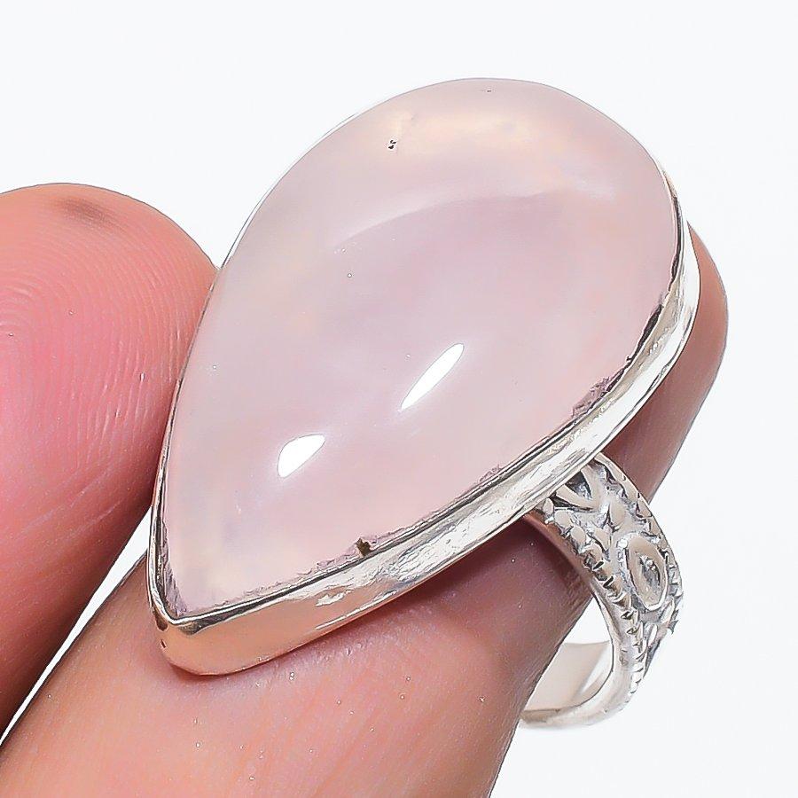 Natural Rose Quartz Gemstone 925 Sterling Silver Jewelry Ring Size 9.5 O0t82