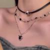 Sweet Cool Aesthetic Stackable Black Rope Necklace with Alloy Heart Charm for Layer Look Enthusiasts