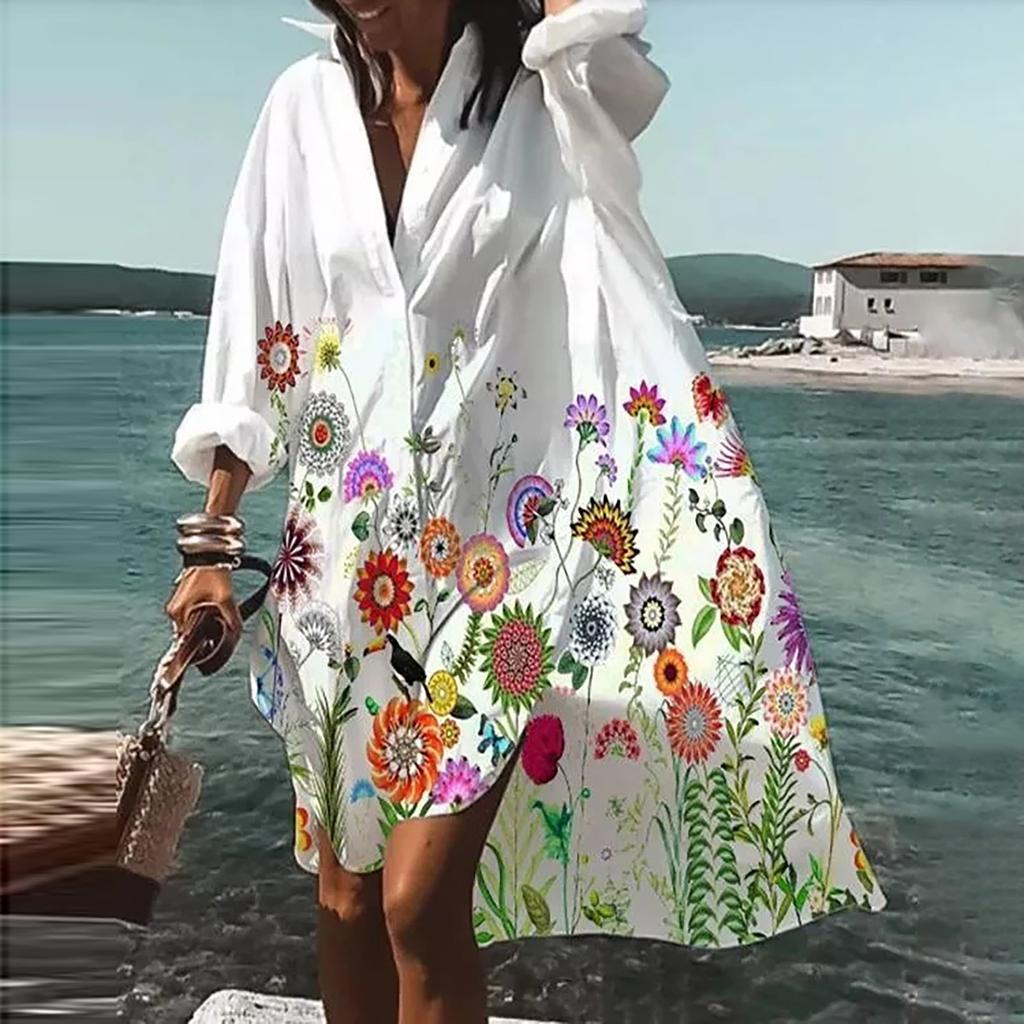 Fashion Women Floral Print Long Sleeves Buttons Cardigan Loose Shirt Dress