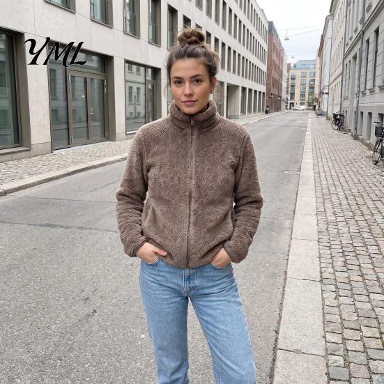 Long Sleeve Coat Women Zip-Up Fleece Jacket, Warm Stand Collar Fall Winter Apparel Coat, Solid Color Loose Casual Outerwear for Thick Jacket