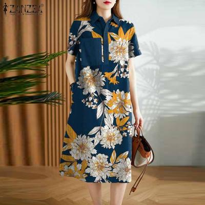 Women Turn Down Collar Short Sleeve Print Dress Summer