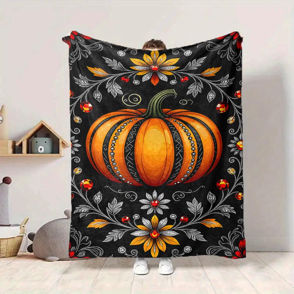 1pc Pumpkin Floral Blanket, Lightweight Flannel Throw Blanket for Sofa, Bed, Travel, Camping, Living Room, Office, Couch, Chair, and Bed